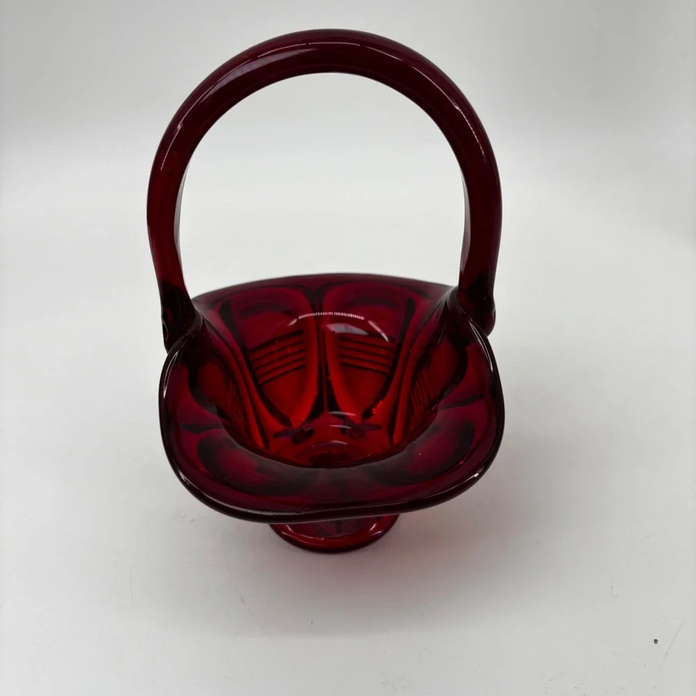 Vintage Ruby Red Glass Basket Pressed Pattern Scalloped Edge Applied Handle 6in